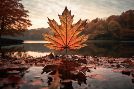autumn leaf arranged in a picturesque landscape format, created with generative aiの素材