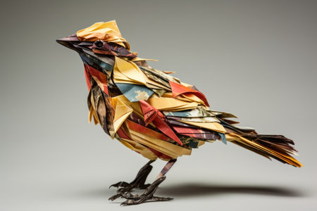 origami bird created from fall leaves on a neutral background, created with generative aiの素材