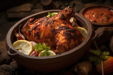 half-eaten tandoori chicken in a clay oven, created with generative aiの素材