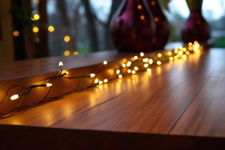 led string lights along the edge of a teak table, created with generative aiの素材
