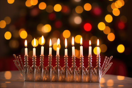 lit menorah against a background of out-of-focus twinkling lights, created with generative aiの素材