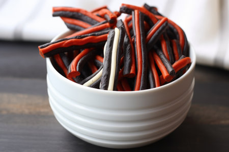 black and orange striped licorice twists in a white bowl, created with generative aiの素材