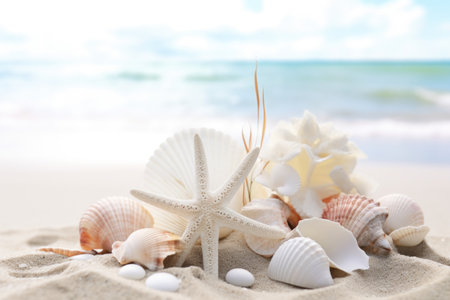 sea shells for beach wedding placed on white sand, created with generative aiの素材