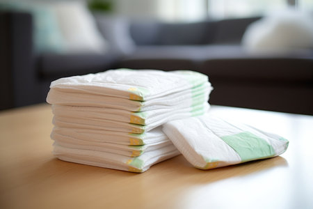stack of baby diapers next to a pack of maternity pads, created with generative aiの素材