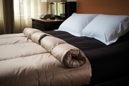 a rollaway bed with plump pillows in a hotel room, created with generative aiの素材