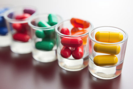close-up of dosage cups with pills categorized by color, created with generative aiの素材