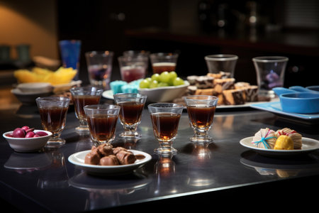 espresso cups, beverages, and treat on a meeting table, created with generative aiの素材