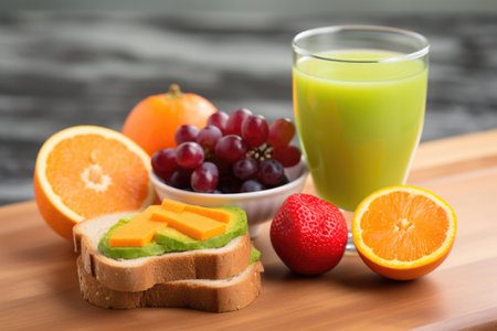 delicious avocado toast next to fresh fruit juice, created with generative aiの素材