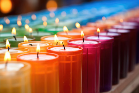 close-up of candles lined in a neat row, created with generative aiの素材