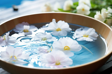 bowl of water with floating flowers for hydropathic therapy, created with generative aiの素材
