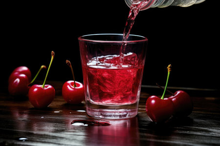 cherry juice poured in a clear glass, created with generative aiの素材