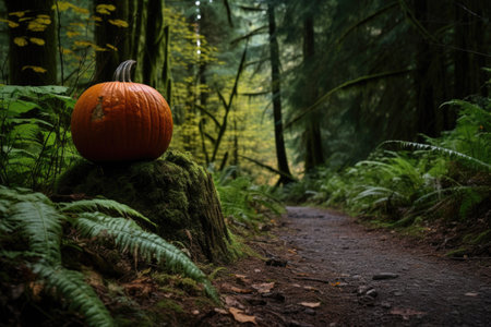 a pumpkin by a trail edge in a forest setting, created with generative aiの素材