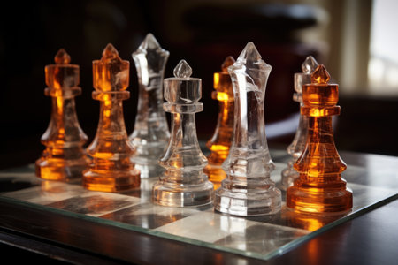 smoky and clear glass chess pieces on a board, created with generative aiの素材