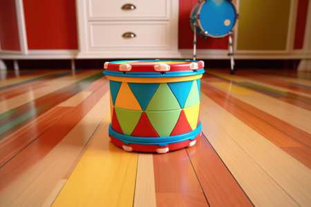 a brightly colored toy drum standing on a wooden parquet, created with generative aiの素材