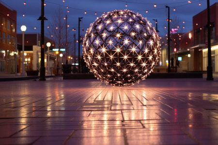 a large dazzling ball hanging in a public plaza, created with generative aiの素材