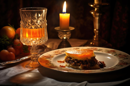 a single, lit candle illuminating a new years meal, created with generative aiの素材