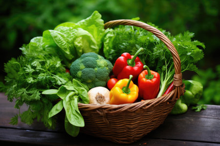 close-up of a shopping basket full of organic vegetables, created with generative aiの素材