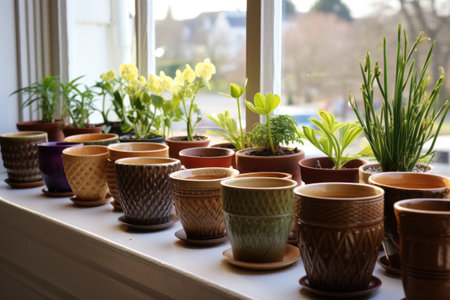 identical plant pots lined up on a windowsill, created with generative aiの素材