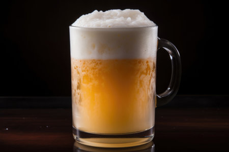 close up of foamy beer in a clear glass mug, created with generative aiの素材
