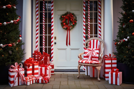 red and white festive decorations on a doorstep, created with generative aiの素材