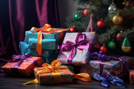 colorful wrapped gifts under a christmas tree without lights, created with generative aiの素材