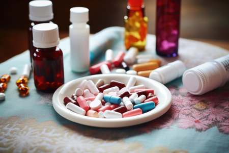 various medications forming a cross on a table, created with generative aiの素材