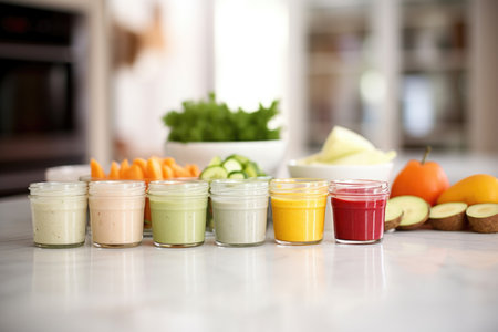 baby food assorted neatly on a kitchen counter, created with generative aiの素材