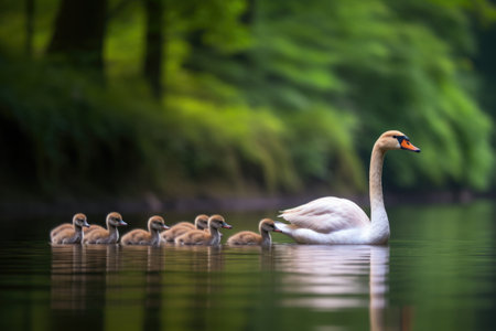 mother swan leading her cygnets in a line in a pond, created with generative aiの素材