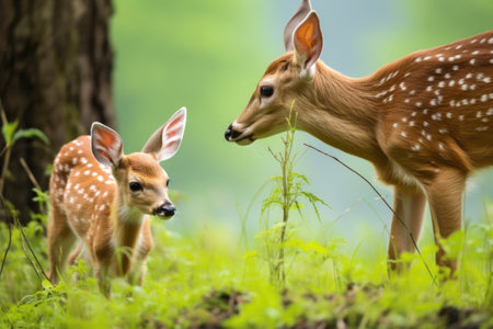 doe showing fawn how to find the sweetest grass, created with generative aiの素材