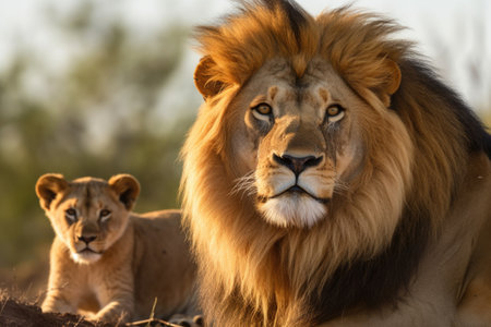 male lion watching over cubs while female hunts, created with generative aiの素材