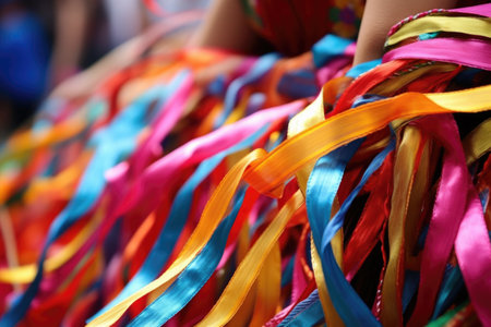 detail of colorful ribbons streaming from a dancers accessory, created with generative aiの素材