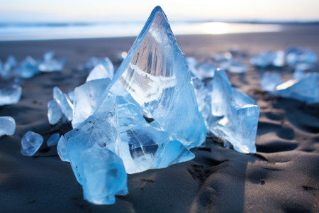 detail shot of ice shards mixed with sand on the beach, created with generative aiの素材
