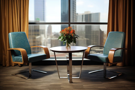 two chairs and a table in a corporate meeting room, created with generative aiの素材