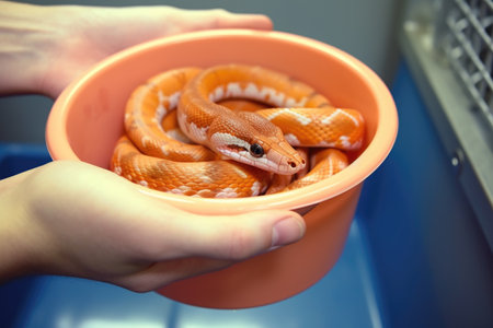 close-up of a therapy snake being held in a hygienic container, created with generative aiの素材