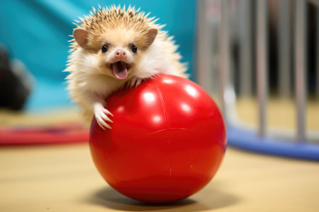 zoomed-in view of a hedgehog rolling on a therapy ball, created with generative aiの素材