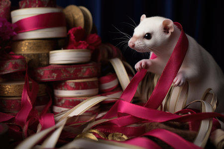 ferret playing with ribbons and bows from gifts, created with generative aiの素材