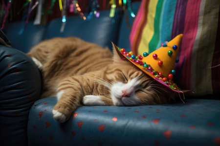 cat with a party hat dozing on a couch, created with generative aiの素材