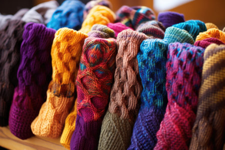 close-up of hand-knitted scarves for donation, created with generative aiの素材