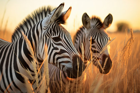 two zebras grazing together in a grassland, created with generative aiの素材
