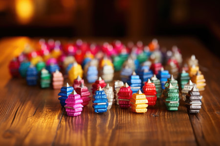 stacks of colorful dreidels on a wooden table, created with generative aiの素材
