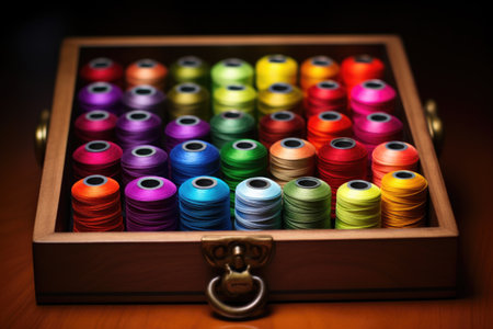 rainbow of thread spools in a sewing box, created with generative aiの素材