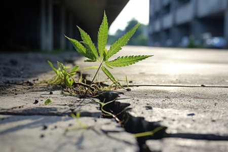 a plant breaking through concrete pavement, created with generative aiの素材