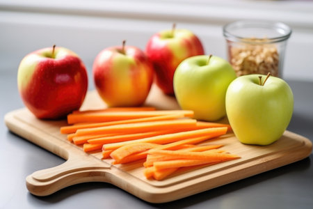 apple, banana, and carrot sticks on a chopping board, created with generative aiの素材
