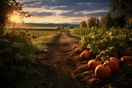 a pumpkin patch lit up by early evening sunlight, created with generative aiの素材