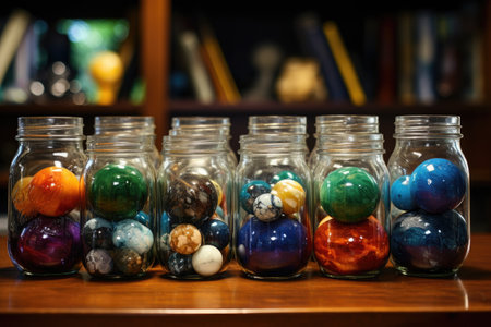 a set of labeled jars with marbles showing task allocations, created with generative aiの素材