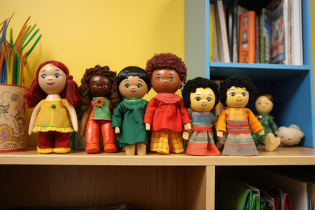 puppets and dolls used for play therapy on a shelf, created with generative aiの素材