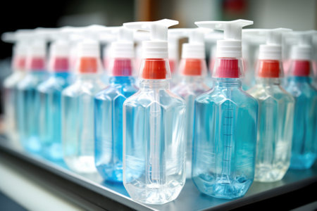 alcohol-based hand sanitizers lined up, created with generative aiの素材