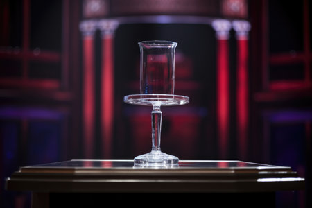 close-up of an empty glass podium with a microphone on it, created with generative aiの素材