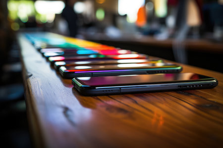 a shot of perfectly lined up, newly manufactured smartphones, created with generative aiの素材