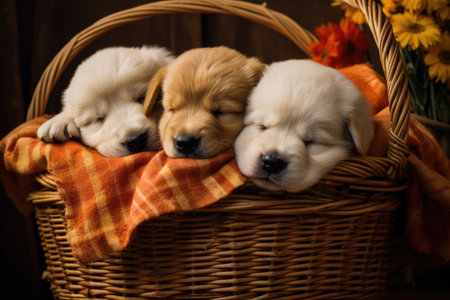 puppies sleeping together in a basket, created with generative aiの素材